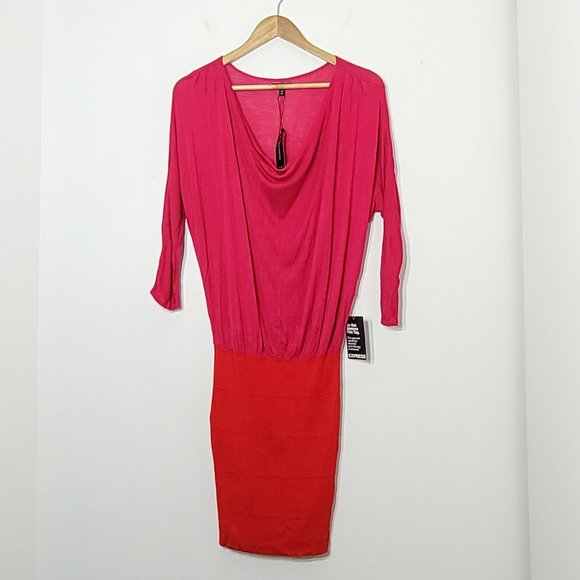 Express Drape Neck Bodycon Mini Dress Red 3/4 Sleeves Stretch Fitted New Small - Picture 1 of 10